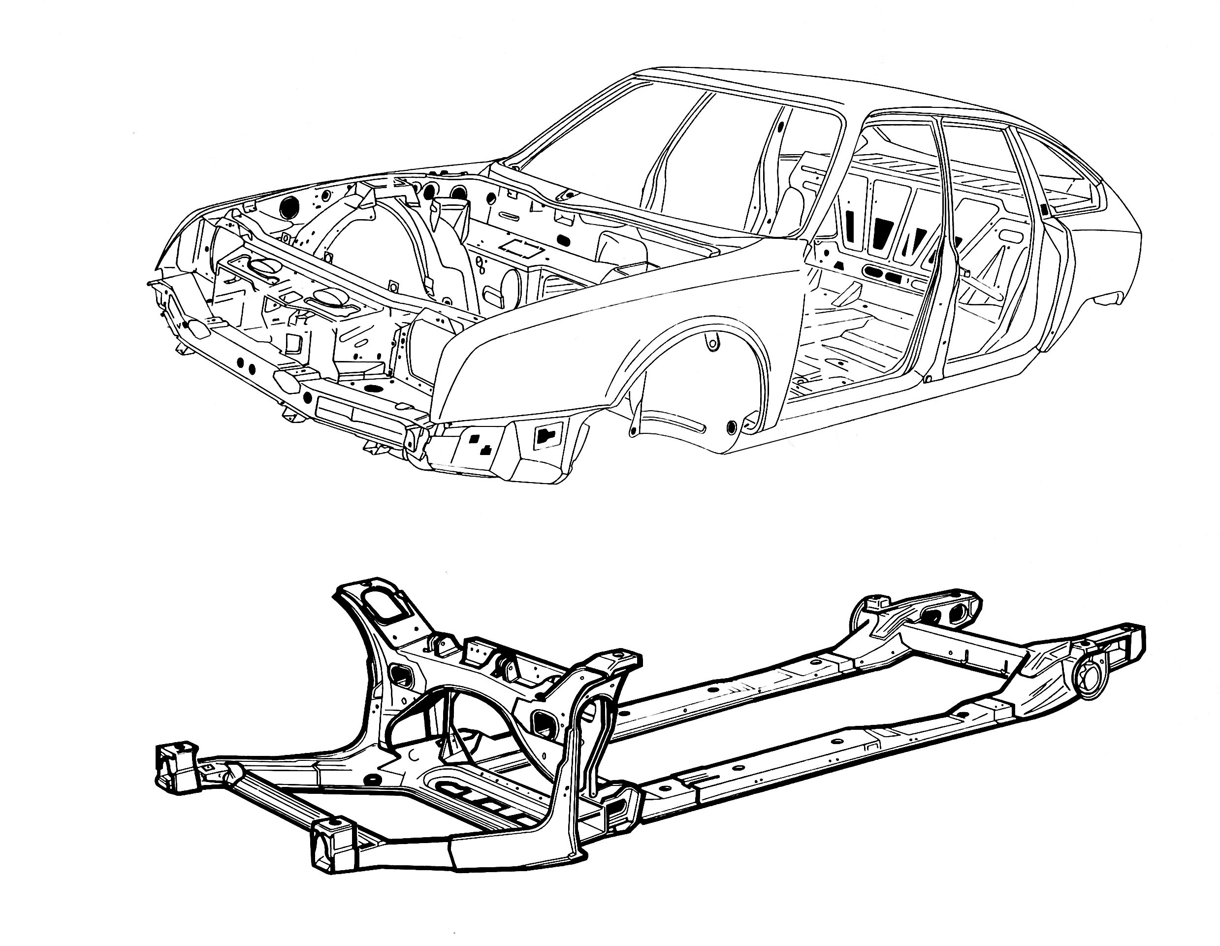 Drawing of the CX monocoque chassis with subframe assembly.